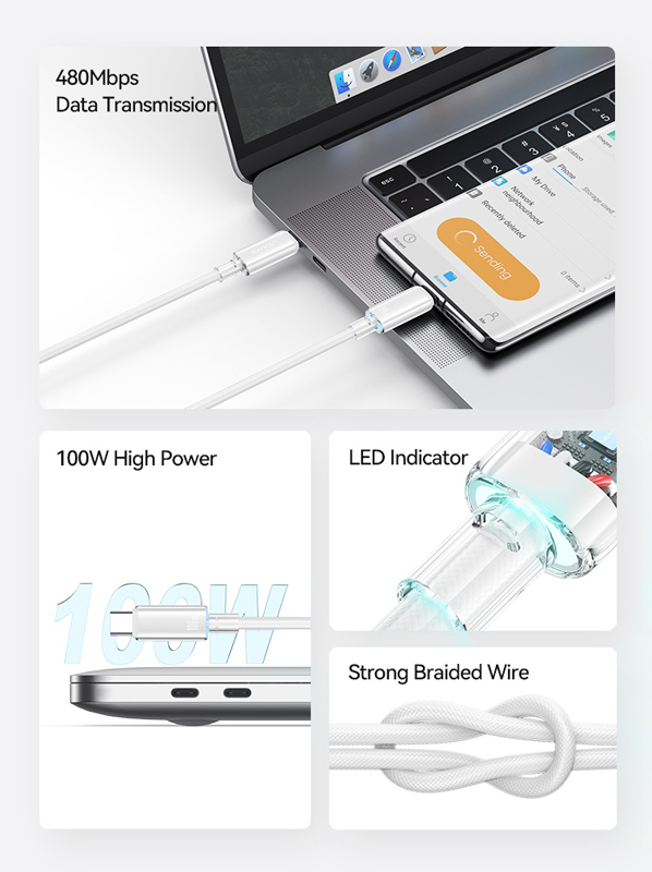 USAMS καλώδιο USB-C σε USB-C US-SJ660, 100W, 480Mbps, 1.2m, μαύρο - Image 2