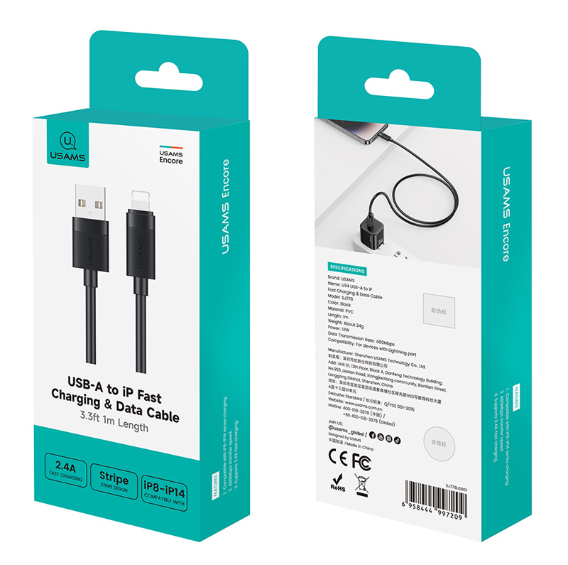 USAMS καλώδιο Lightning σε USB SJ778, 2.4A, 480Mbps, 1m, μαύρο - Image 5