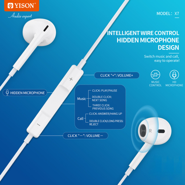 Alternative view of YISON earphones με μικρόφωνο X7, Lightning σύνδεση, Φ14mm, 1.2m, λευκά
