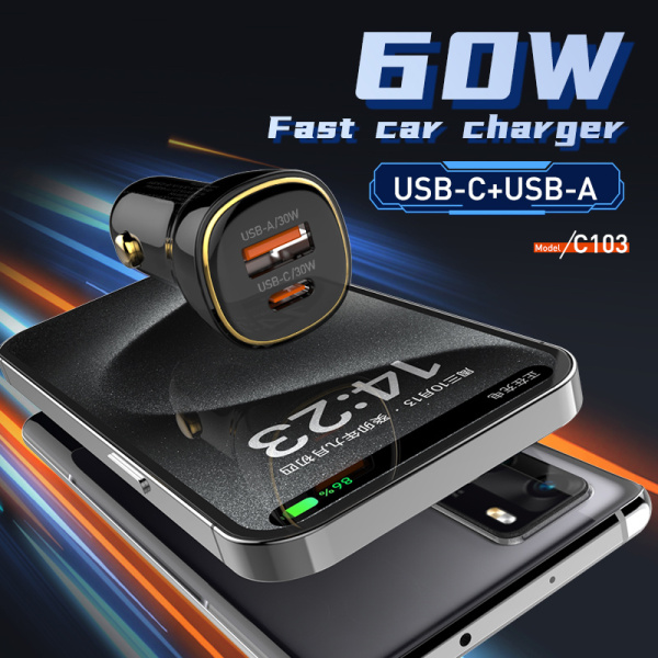 Alternative view of LDNIO φορτιστής αυτοκινήτου C103 με καλώδιο Lightning, USB/USB-C, 60W, μαύρος