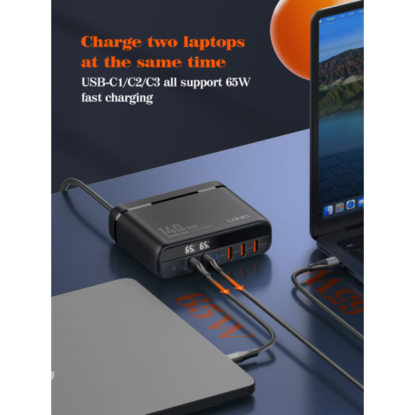 Alternative view of LDNIO σταθμός φόρτισης A6140C, 3x USB-C/3x USB, 140W, PD/QC, GaN, μαύρος