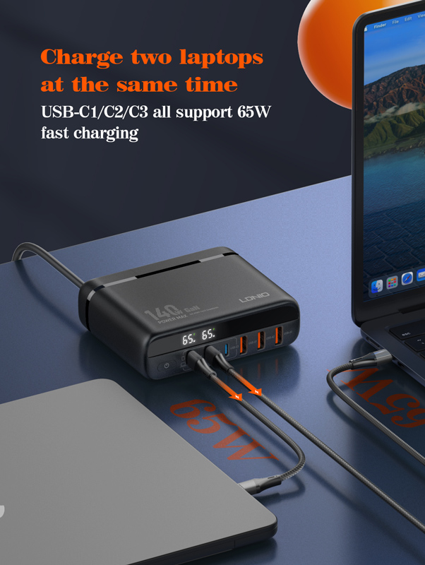 LDNIO σταθμός φόρτισης A6140C, 3x USB-C/3x USB, 140W, PD/QC, GaN, μαύρος - Image 2