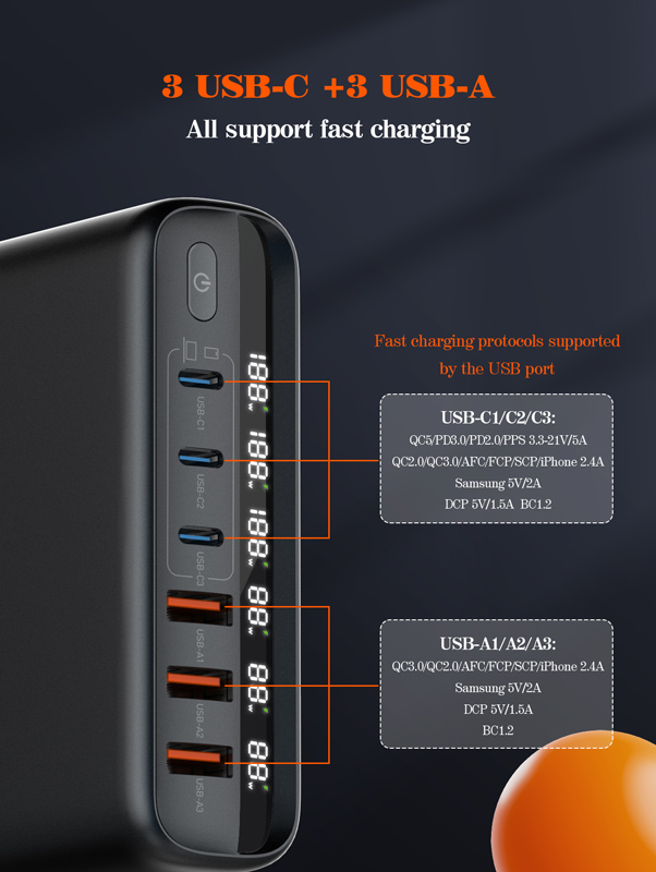 LDNIO σταθμός φόρτισης A6140C, 3x USB-C/3x USB, 140W, PD/QC, GaN, μαύρος - Image 4