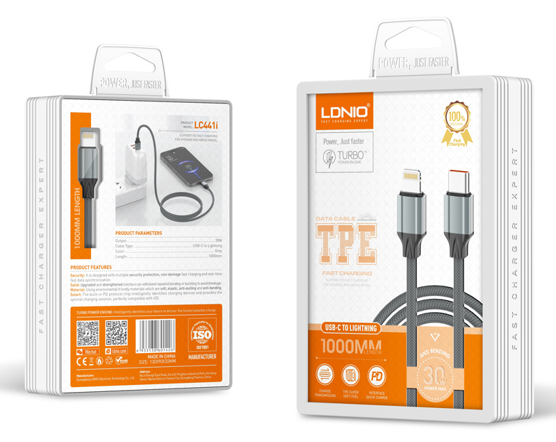 LDNIO καλώδιο Lightning σε USB-C LC441I, 30W PD, 1m, γκρι - Image 5