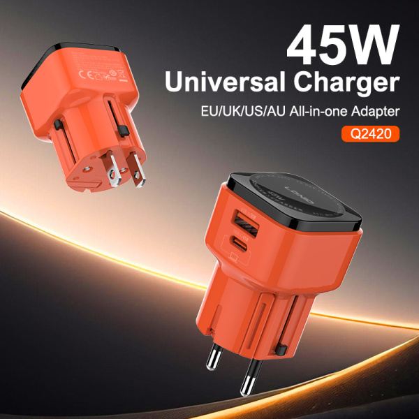 Alternative view of LDNIO φορτιστής τοίχου Q2420 με καλώδιο, USB/USB-C, 45W, universal πρίζα, πορτοκαλί