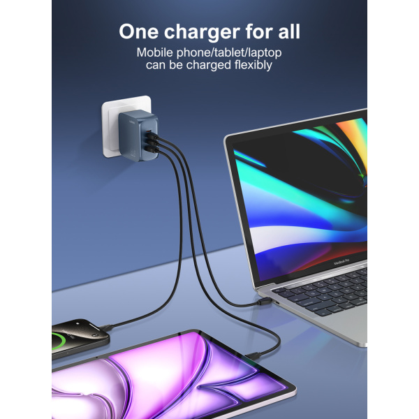 Alternative view of LDNIO φορτιστής τοίχου Q7 με καλώδιο USB-C, USB/Lightning/2x USB-C, GaN, 65W, μπλε
