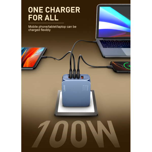 Alternative view of LDNIO φορτιστής τοίχου Q8 με καλώδιο USB-C, USB/Lightning/3x USB-C, GaN, 100W, μπλε