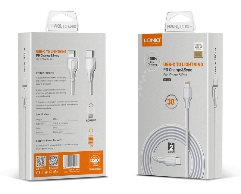 LDNIO καλώδιο Lightning σε USB-C LC122I, 30W PD, 2m, λευκό - Image 5