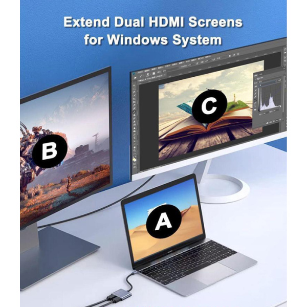 Alternative view of POWERTECH docking station CAB-UC083, 2 θυρών HDMI, USB-C, 4K, γκρι