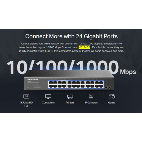 Alternative view of MERCUSYS desktop/rackmount switch MS124GS, 24x Gigabit θύρες, V1.0