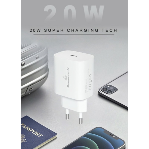 Alternative view of POWERTECH φορτιστής τοίχου PT-1091, USB-C, PD 20W, λευκός