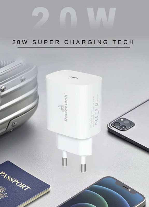 POWERTECH φορτιστής τοίχου PT-1091, USB-C, PD 20W, λευκός - Image 2