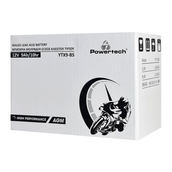 Alternative view of POWERTECH μπαταρία μολύβδου μοτοσυκλέτας PT-1206, 12V 9Ah, AGM, YTX9-BS