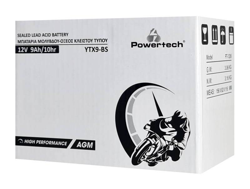 POWERTECH μπαταρία μολύβδου μοτοσυκλέτας PT-1206, 12V 9Ah, AGM, YTX9-BS - Image 2