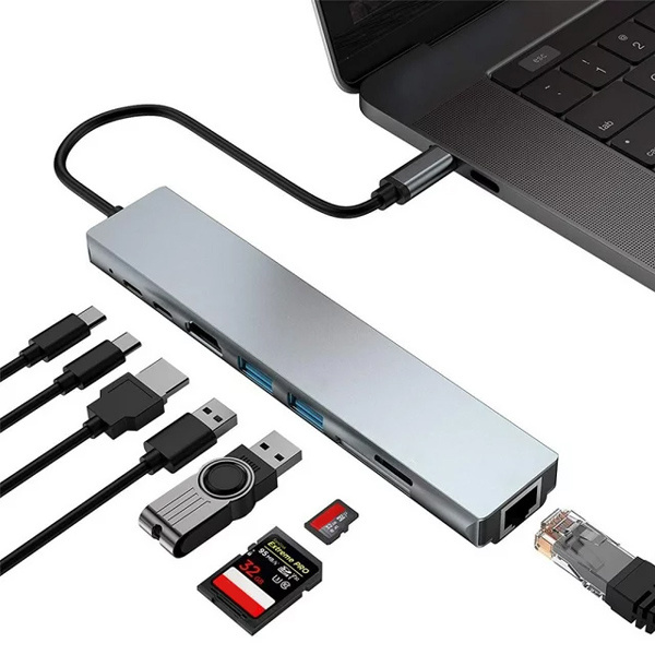 Alternative view of POWERTECH docking station PT-1536, 8 θυρών, USB-C σύνδεση, 87W PD, 100Mbps, γκρι