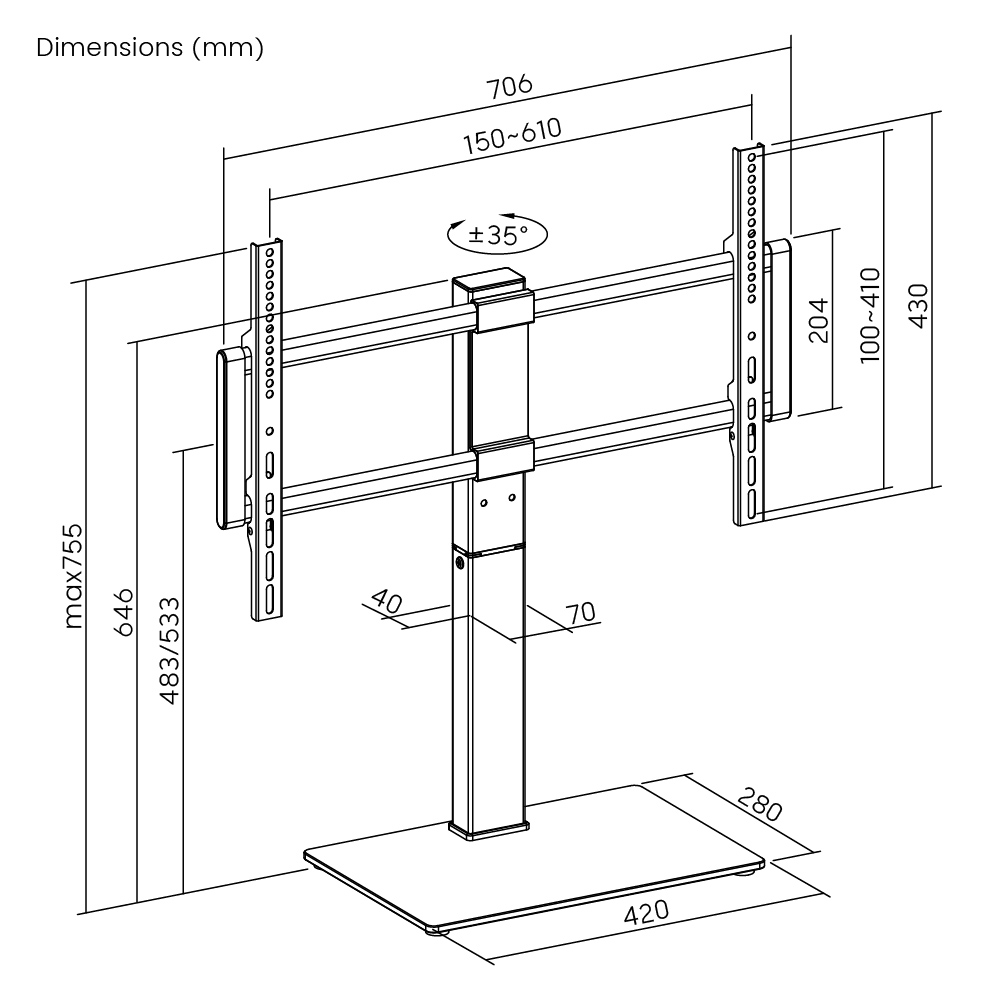 POWERTECH επιτραπέζια βάση τηλεόρασης PT-1565, 37-75", έως 40kg - Image 7