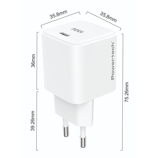 Alternative view of POWERTECH φορτιστής τοίχου PT-1612, USB-C, 100W, GaN, AVS, λευκός