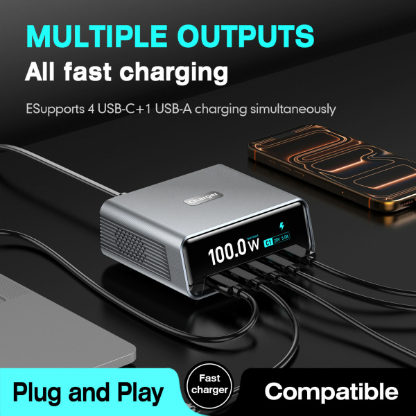 Alternative view of POWERTECH σταθμός φόρτισης PT-1622, USB & 4x USB-C, GaN, 100W, ασημί