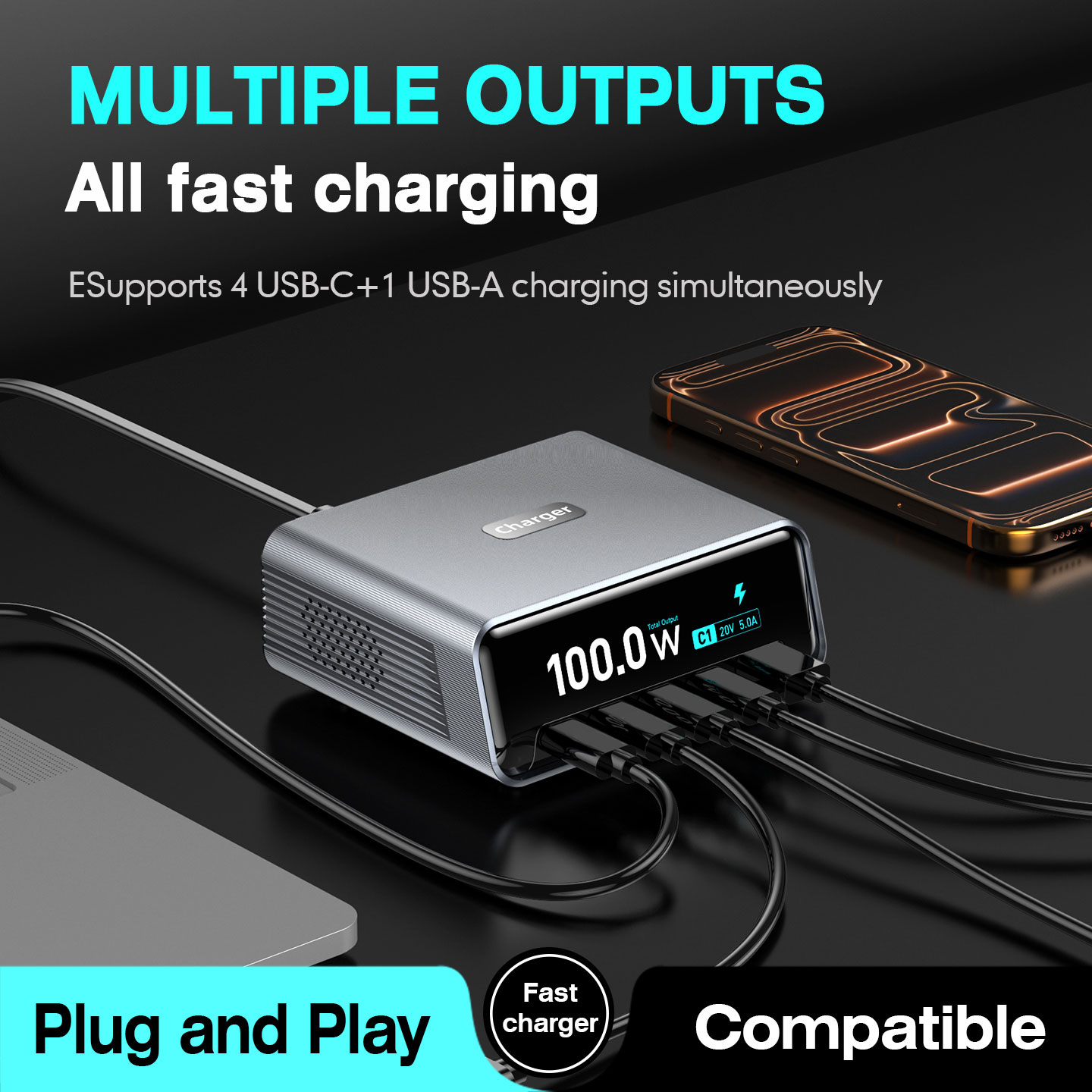 POWERTECH σταθμός φόρτισης PT-1622, USB & 4x USB-C, GaN, 100W, ασημί - Image 2