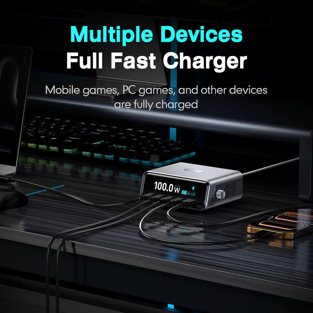 POWERTECH σταθμός φόρτισης PT-1622, USB & 4x USB-C, GaN, 100W, ασημί - Image 4