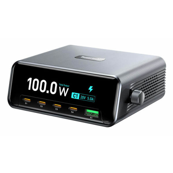 POWERTECH σταθμός φόρτισης PT-1622, USB & 4x USB-C, GaN, 100W, ασημί