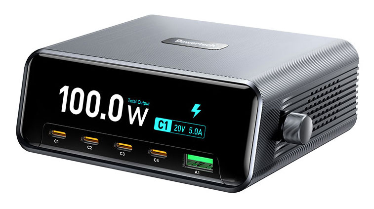 POWERTECH σταθμός φόρτισης PT-1622, USB & 4x USB-C, GaN, 100W, ασημί