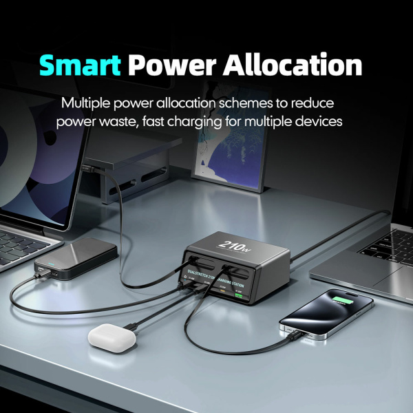 Alternative view of POWERTECH σταθμός φόρτισης PT-1623, USB/3x USB-C/2x USB-C καλώδια, GaN, 210W, μαύρος