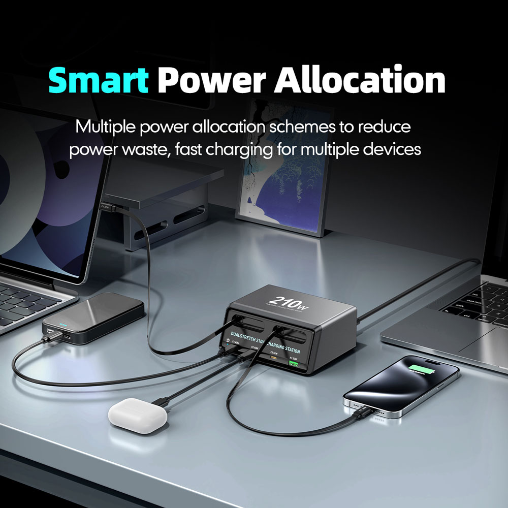POWERTECH σταθμός φόρτισης PT-1623, USB/3x USB-C/2x USB-C καλώδια, GaN, 210W, μαύρος - Image 2