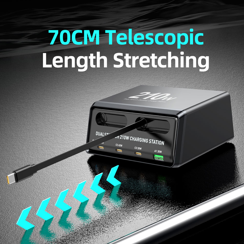 POWERTECH σταθμός φόρτισης PT-1623, USB/3x USB-C/2x USB-C καλώδια, GaN, 210W, μαύρος - Image 3