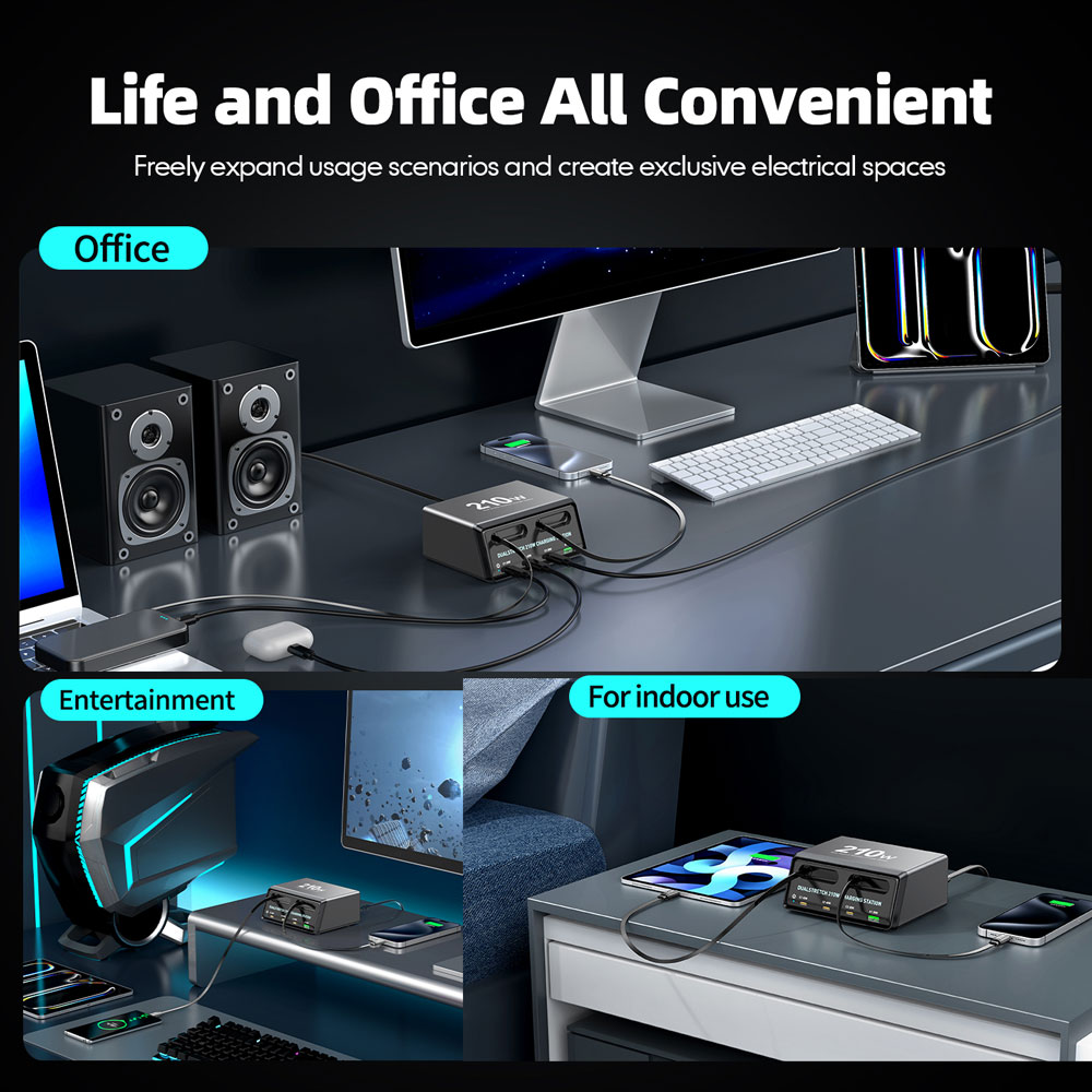 POWERTECH σταθμός φόρτισης PT-1623, USB/3x USB-C/2x USB-C καλώδια, GaN, 210W, μαύρος - Image 4