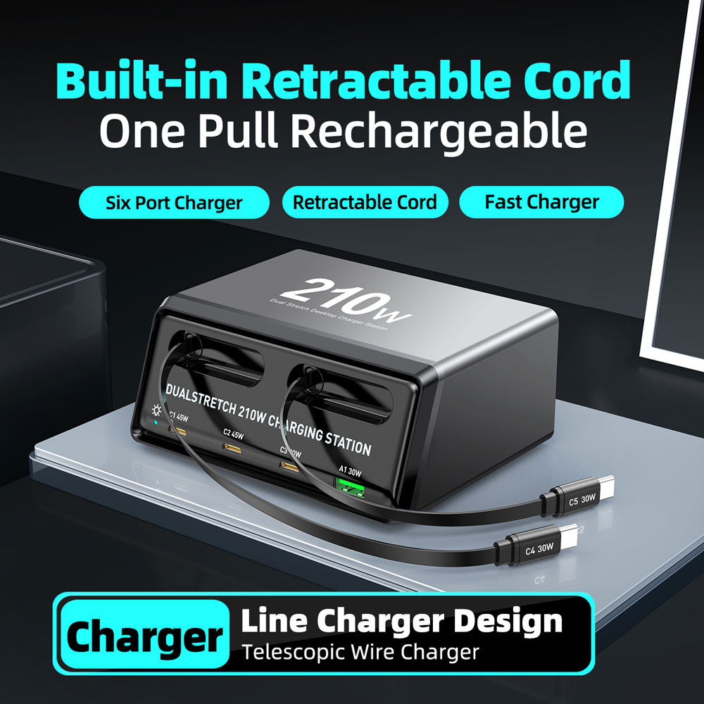 POWERTECH σταθμός φόρτισης PT-1623, USB/3x USB-C/2x USB-C καλώδια, GaN, 210W, μαύρος - Image 5