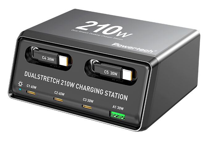 POWERTECH σταθμός φόρτισης PT-1623, USB/3x USB-C/2x USB-C καλώδια, GaN, 210W, μαύρος - Image 6