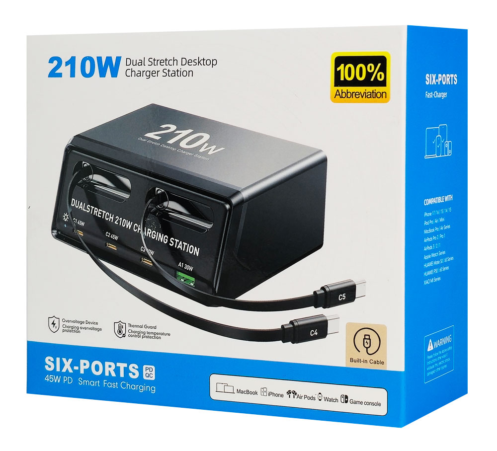 POWERTECH σταθμός φόρτισης PT-1623, USB/3x USB-C/2x USB-C καλώδια, GaN, 210W, μαύρος - Image 7