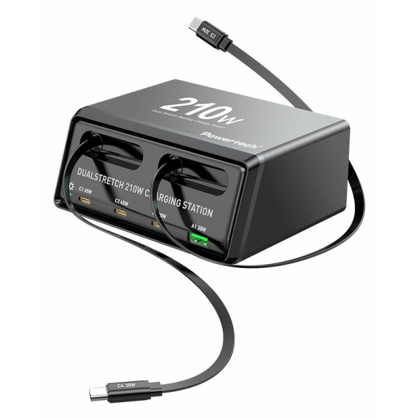 POWERTECH σταθμός φόρτισης PT-1623, USB/3x USB-C/2x USB-C καλώδια, GaN, 210W, μαύρος