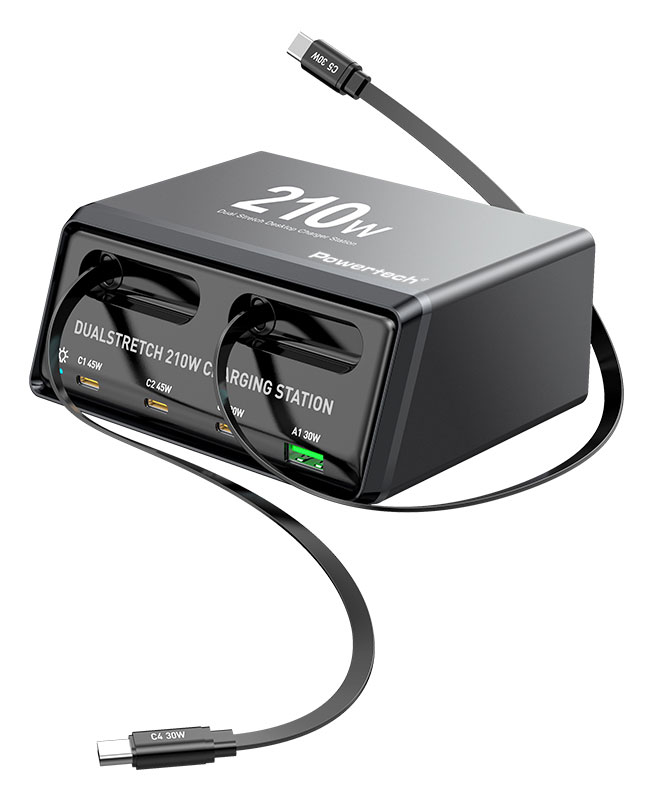 POWERTECH σταθμός φόρτισης PT-1623, USB/3x USB-C/2x USB-C καλώδια, GaN, 210W, μαύρος
