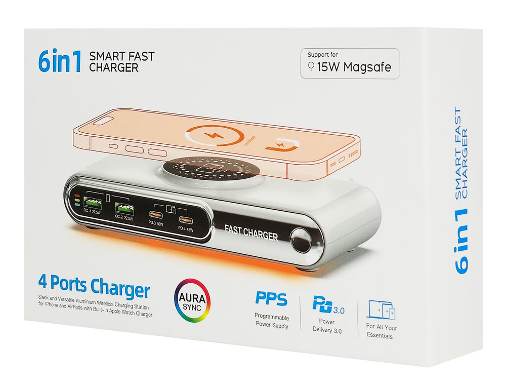 POWERTECH σταθμός φόρτισης PT-1624, 2x USB/2x USB-C/wireless, 72W, λευκός - Image 6