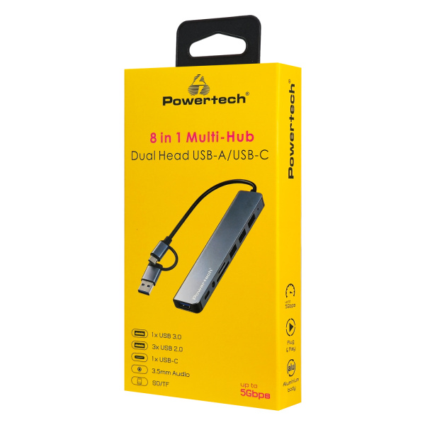 Alternative view of POWERTECH USB hub PTR-0205 με card reader, 8 θυρών, USB & USB-C σύνδεση, γκρι