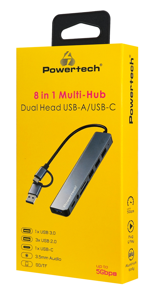 POWERTECH USB hub PTR-0205 με card reader, 8 θυρών, USB & USB-C σύνδεση, γκρι - Image 2