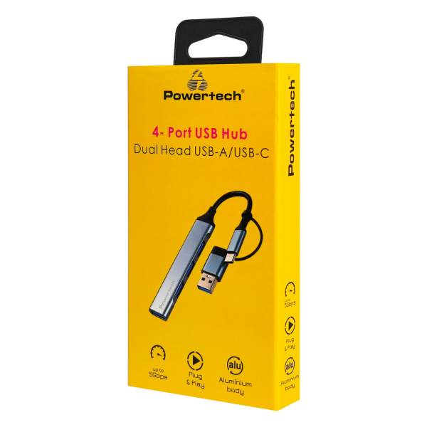 Alternative view of POWERTECH USB hub PTR-0206, 4x θυρών, USB 3.0, 5Gbps, USB & USB-C σύνδεση, γκρι