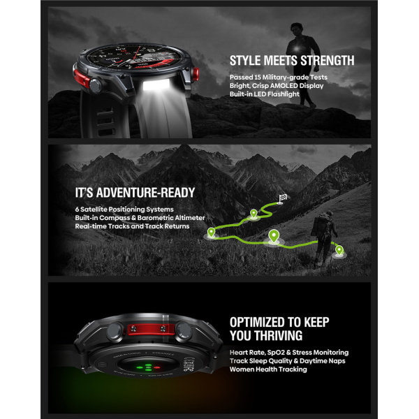 Alternative view of ZEBLAZE smartwatch Stratos 4 με φακό, heart rate, 1.43" AMOLED, GPS, 5 ΑΤΜ, MIL-STD-810H, μαύρο