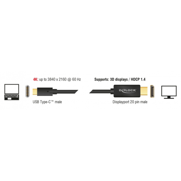 Alternative view of DELOCK καλώδιο USB-C σε DisplayPort 85256, DP Alt Mode, 4K, 2m, μαύρο