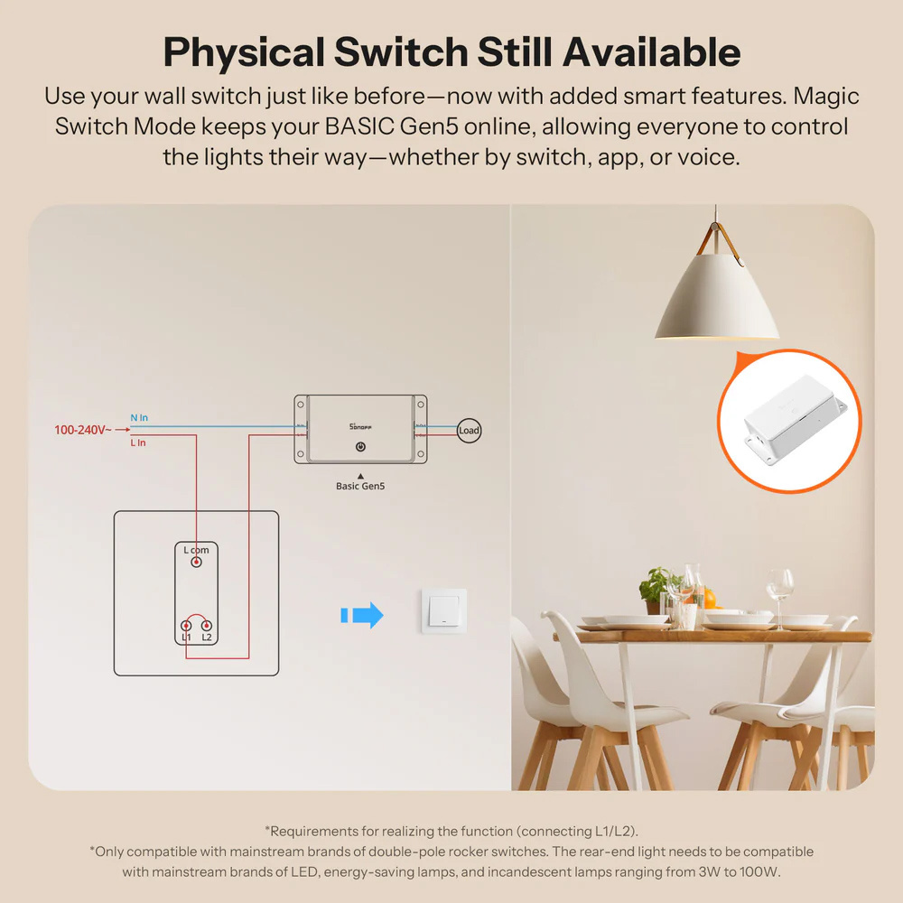 SONOFF smart διακόπτης BASIC Gen5, 1 κανάλι, WiFi, συμβατός με Matter, 10A, λευκός - Image 6