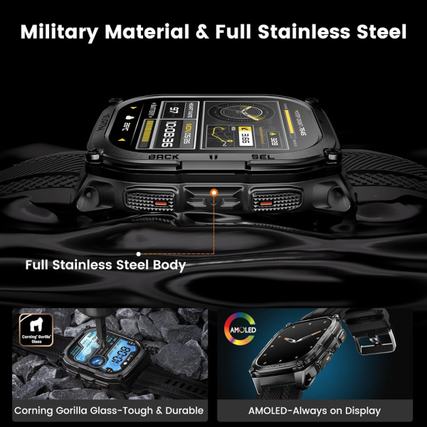Alternative view of KOSPET smartwatch TANK M4, heart rate, 1.96" AMOLED, GPS, 10 ATM & IP69K, μαύρο