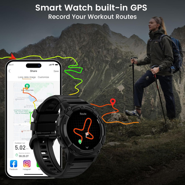 Alternative view of KOSPET smartwatch TANK S2, heart rate, 1.32" AMOLED, GPS, 5 ATM & IP69K, μαύρο