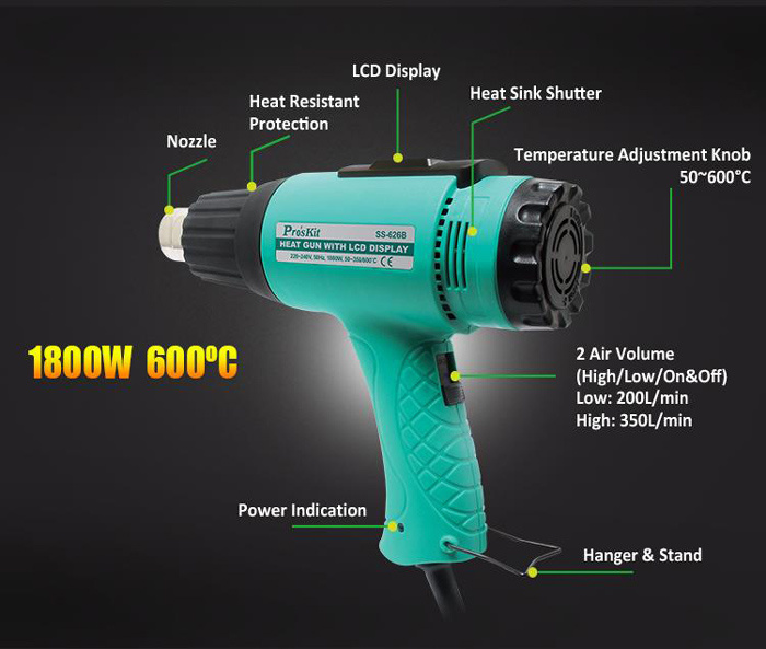 PROSKIT πιστόλι θερμού αέρα SS-626B με οθόνη, 1800W, 50~600 °C - Image 3
