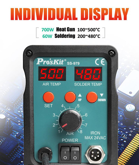 PROSKIT σταθμός συγκόλλησης SS-979B, κολλητήρι/air gun, 760W, 200-480 °C - Image 5