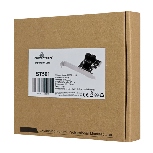 Alternative view of POWERTECH κάρτα επέκτασης PCIe σε 4x SATA III ST561, 6Gbps, 95x69mm