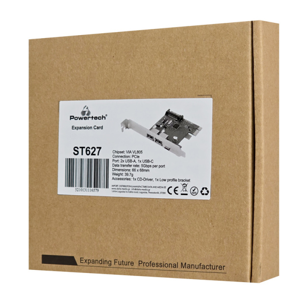Alternative view of POWERTECH κάρτα επέκτασης PCIe σε 2x USB & 1x USB-C ST627, 5Gbps, 66x68mm