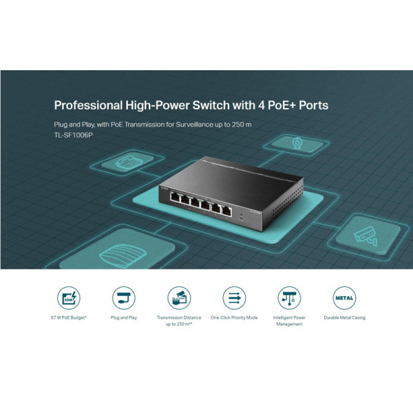 Alternative view of TP-LINK desktop switch TL-SF1006P, 6-Port 10/100Mbps, 4x PoE+, Ver. 1.0
