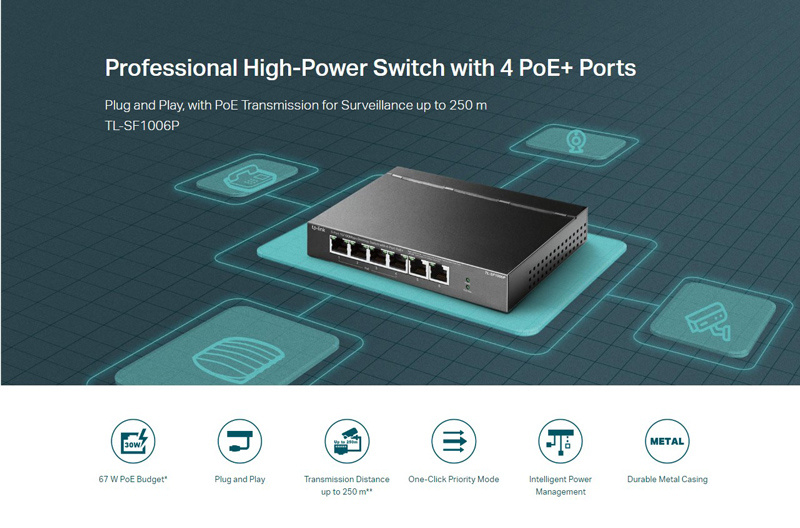 TP-LINK desktop switch TL-SF1006P, 6-Port 10/100Mbps, 4x PoE+, Ver. 1.0 - Image 2